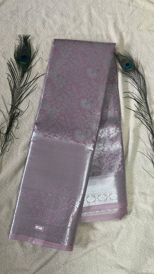 Pastel Pink and silver Semi Kanchipattu silk sarees with self traditional border