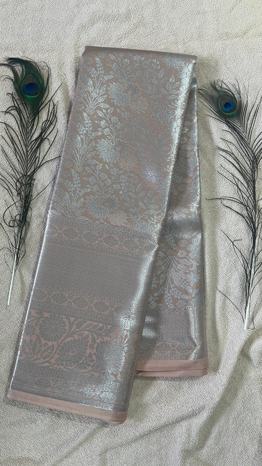 Pastel Champagne Peach and silver Semi Kanchipattu silk sarees with self traditional border