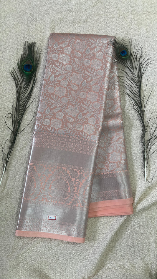 Pastel Peach Pink and silver Semi Kanchipattu silk sarees with self traditional border