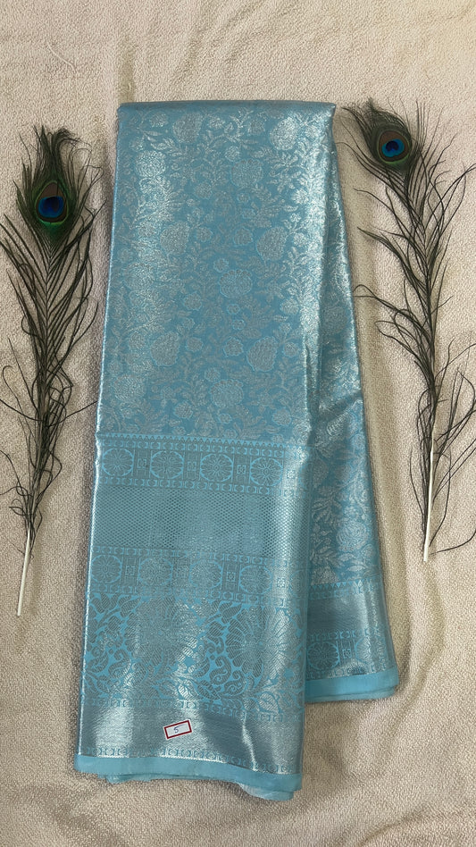 Pastel Blue and silver Semi Kanchipattu silk sarees with self traditional border