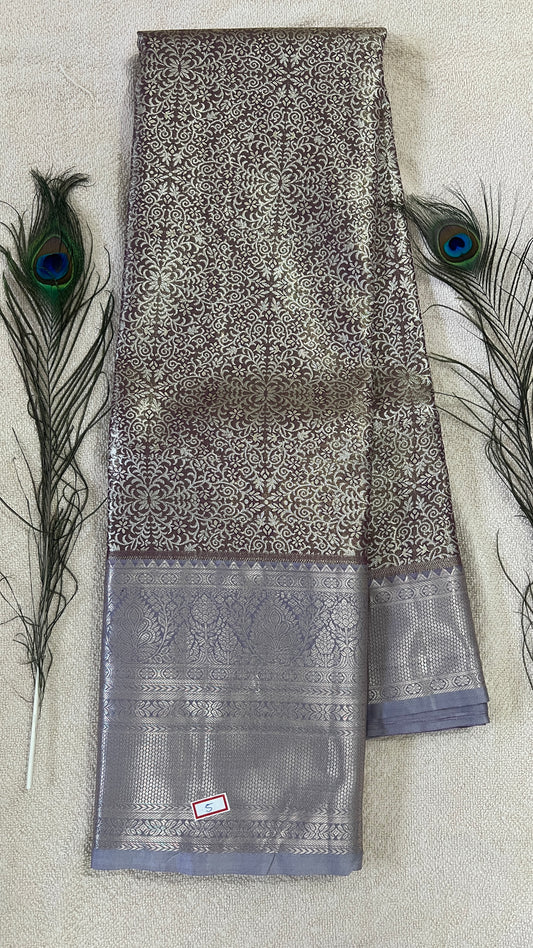 Pastel Brown and silver Semi Kanchipattu silk sarees with self traditional border