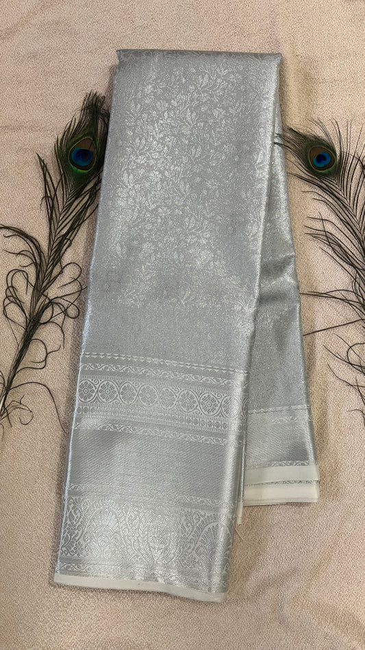 Pastel Semi Kanchipattu silk sarees with silver self traditional border