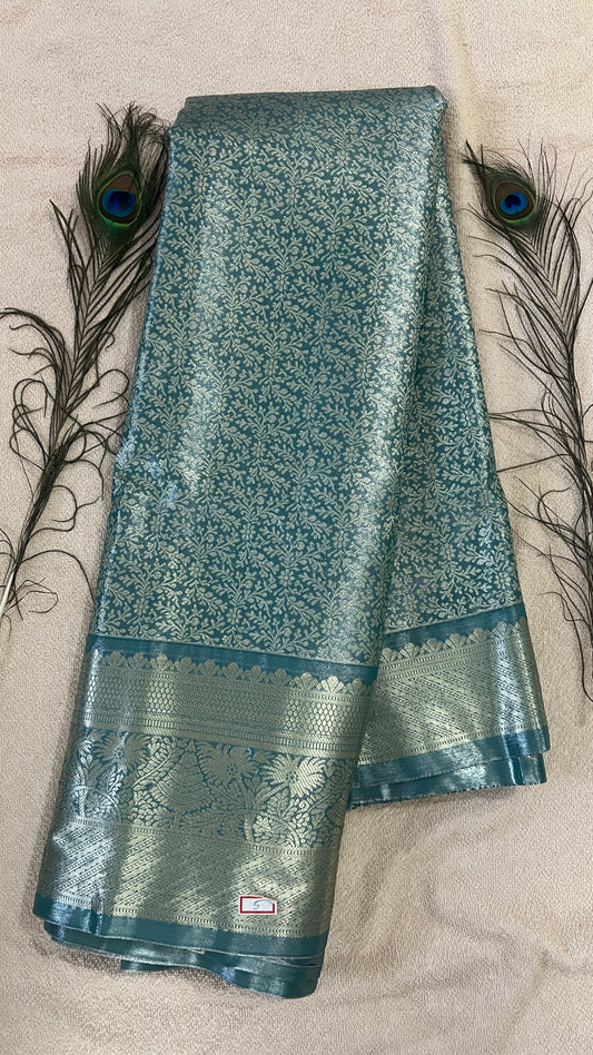 Pastel Aqua Blue and silver Semi Kanchipattu silk sarees with self traditional border