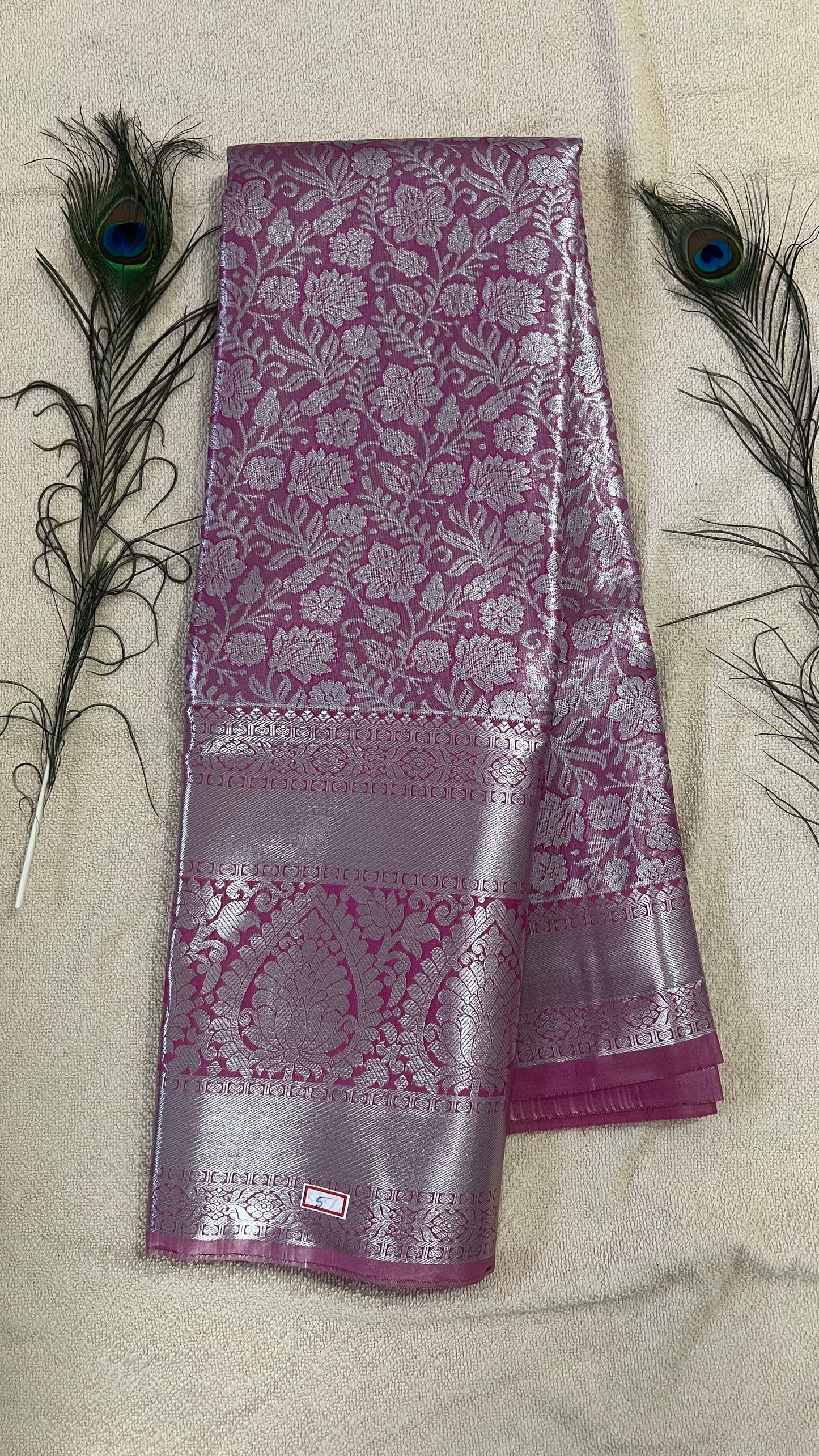 Pastel Orchid Pink and silver Semi Kanchipattu silk sarees with self traditional border