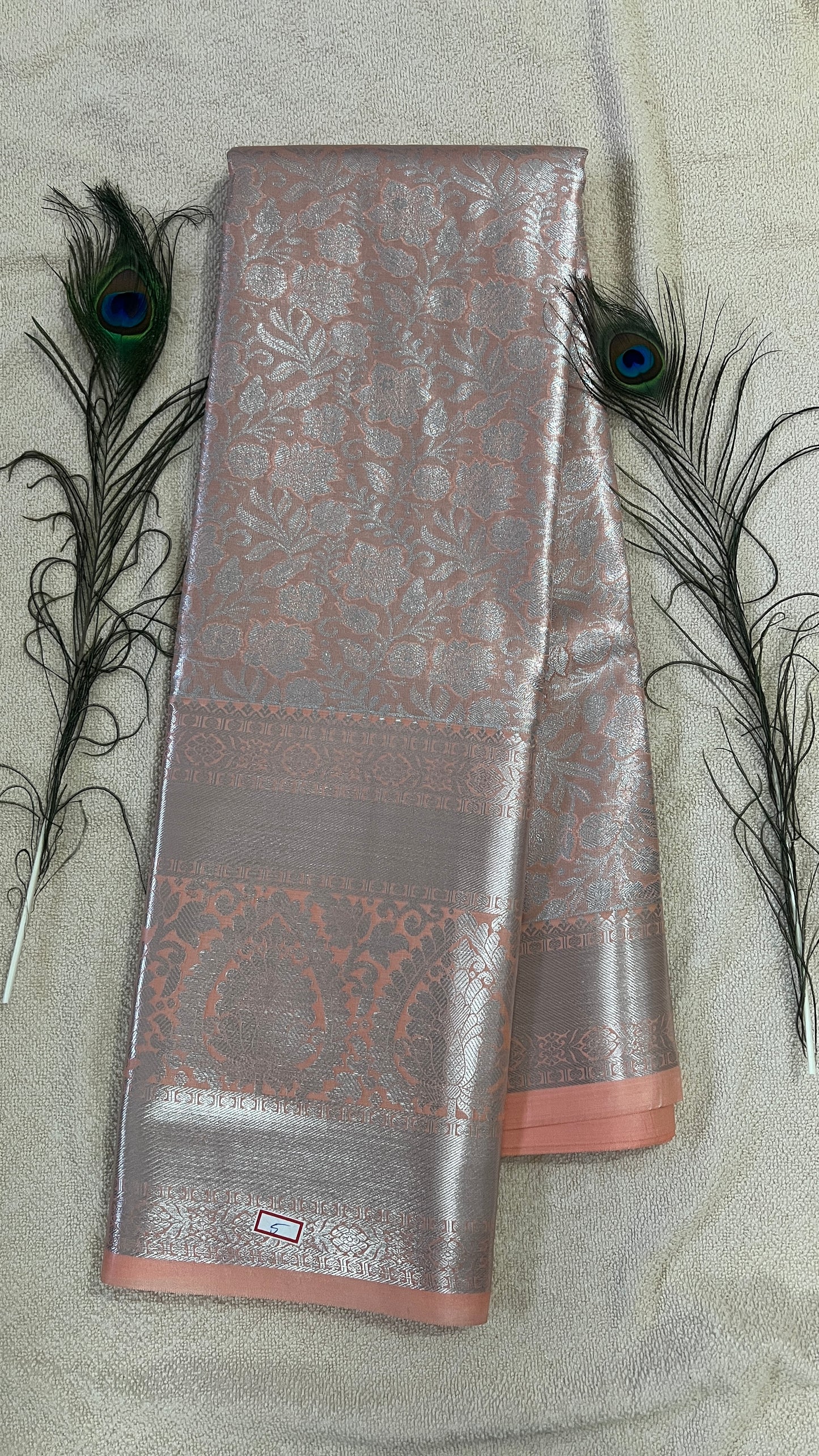 Pastel Peach Rose and silver Semi Kanchipattu silk sarees with self traditional border