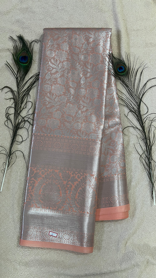 Pastel Peach Rose and silver Semi Kanchipattu silk sarees with self traditional border