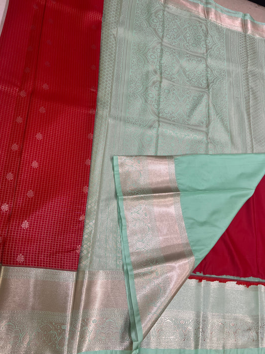 Classic Red Checks Saree with Light Sea Green Border