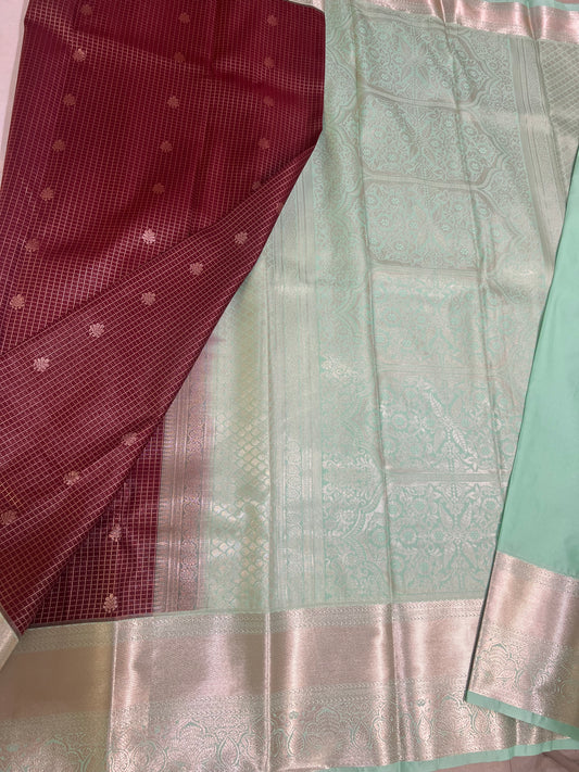 Elegant Brown Checks Saree with Sea Green Border – Premium Quality Fabric