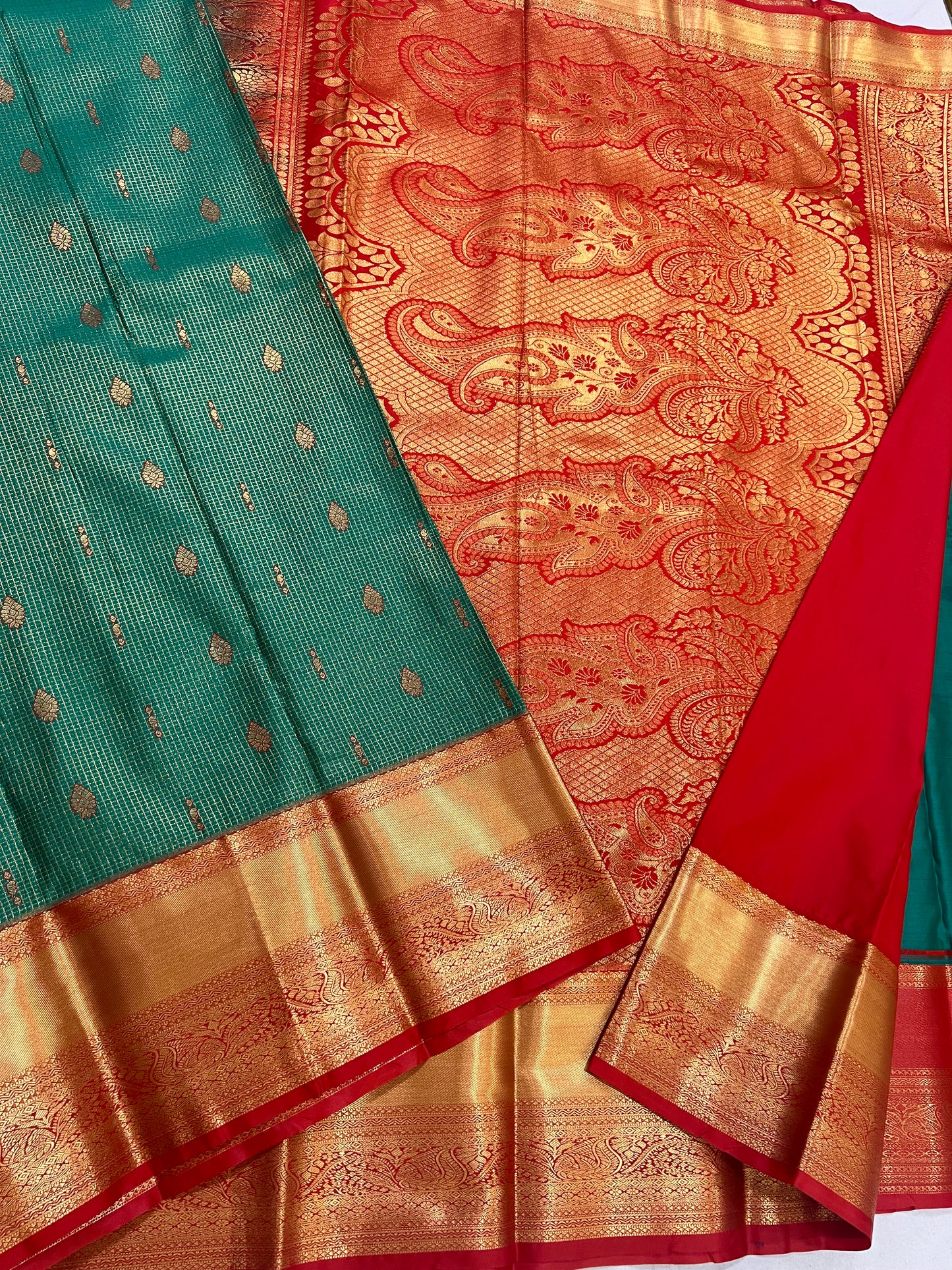Premium Dark Green Checks Saree with Rich Red Border