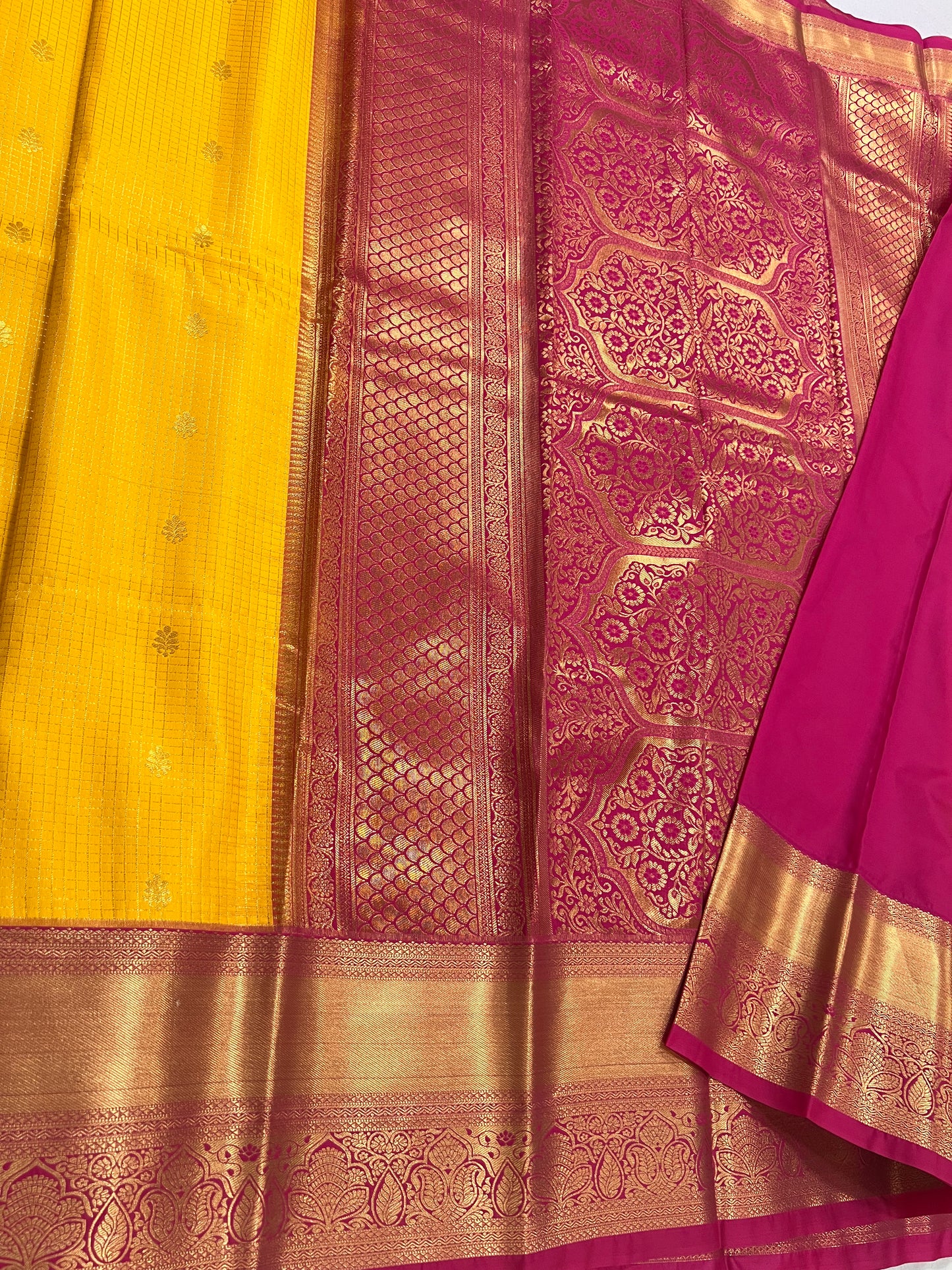 Classic Mustard Yellow Checked Saree with Bold Red Border