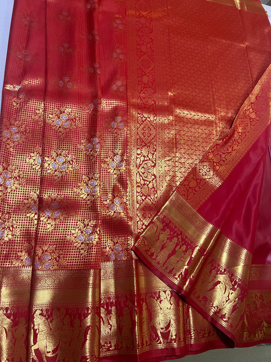 Red Zari Self Brocade Semi Kanchipattu Saree – Elegant Traditional Wear