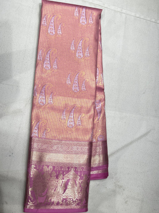 Classic Pink Vintage Checks Saree with Pallaki Design Weave