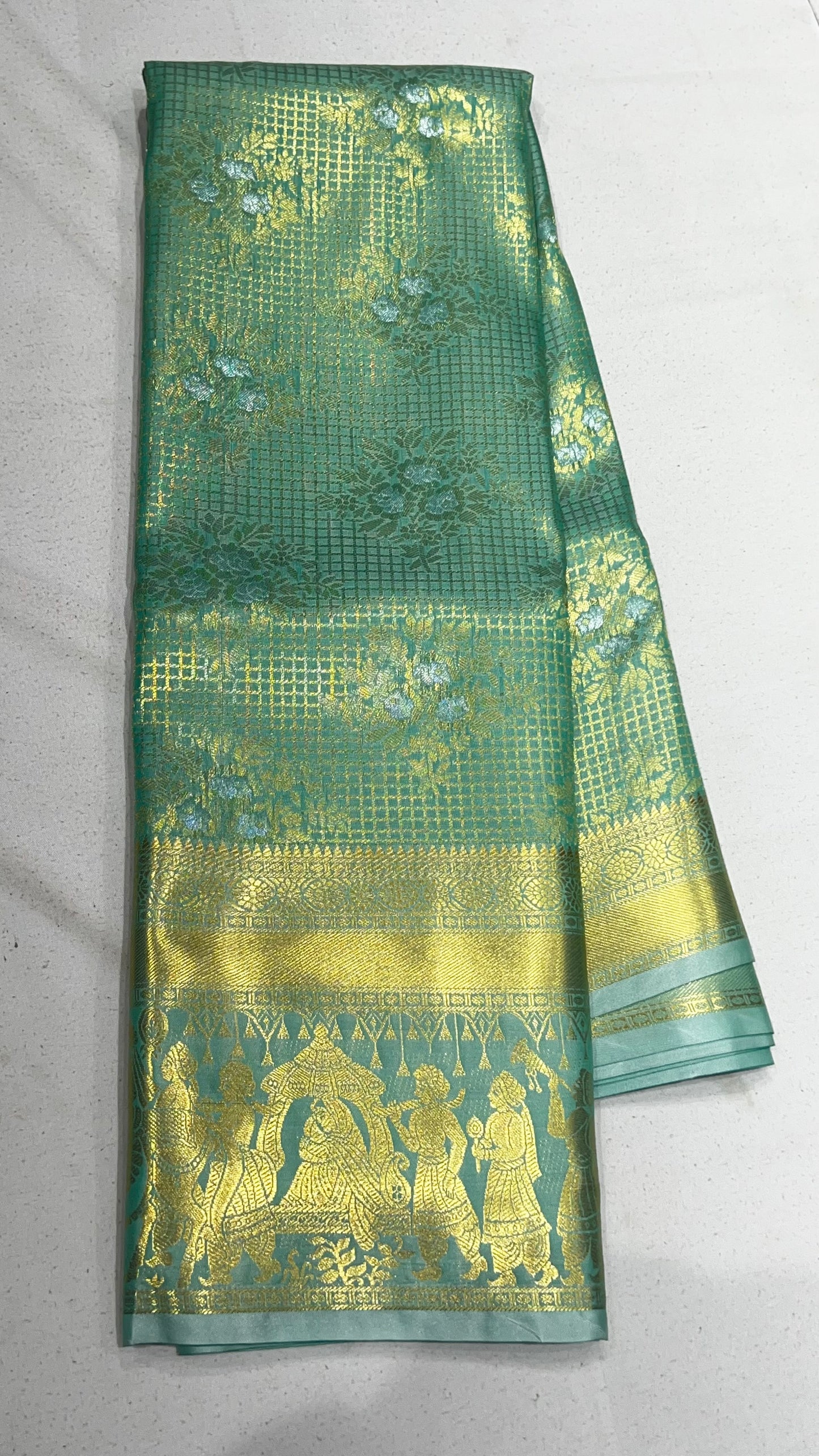 Bottle Green Checks Semi Kanchipattu Saree
