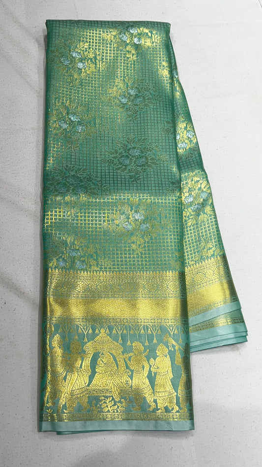 Bottle Green Checks Semi Kanchipattu Saree