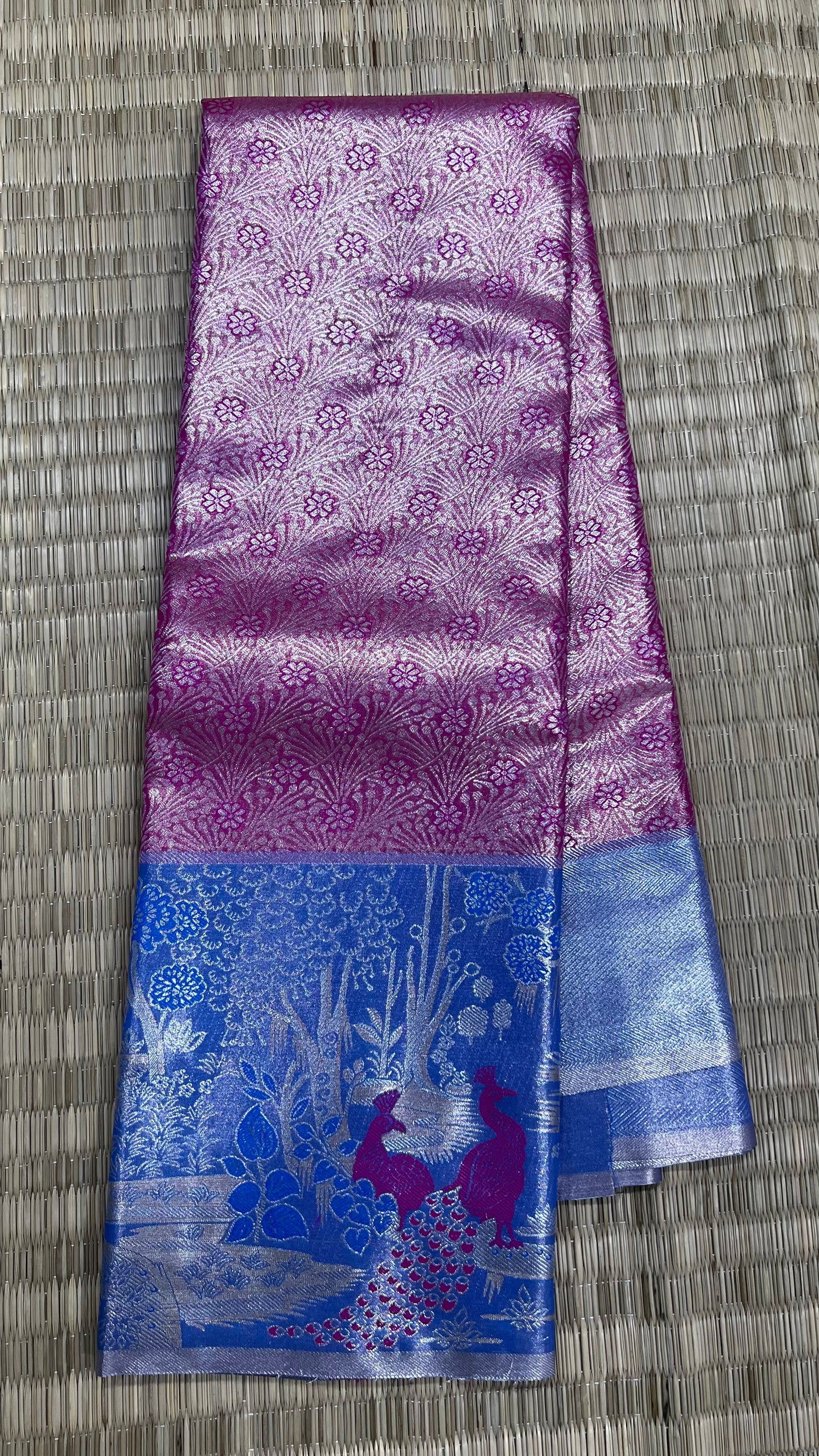 Purple and Blue Semi Kanchipattu sarees with traditional Meenakari border