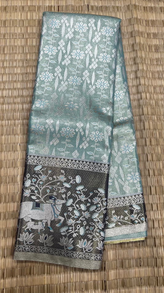 Sea Blue Semi Kanchipattu sarees with traditional Meenakari border