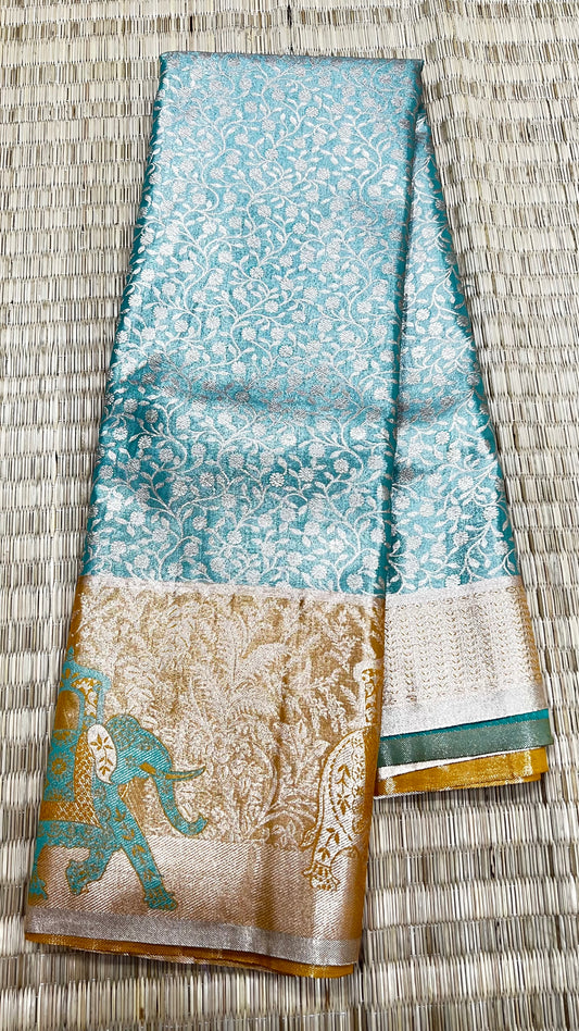 Light Green Semi Kanchipattu sarees with traditional Meenakari border
