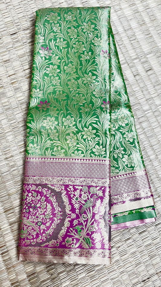 Green Semi Kanchipattu sarees with traditional Meenakari border