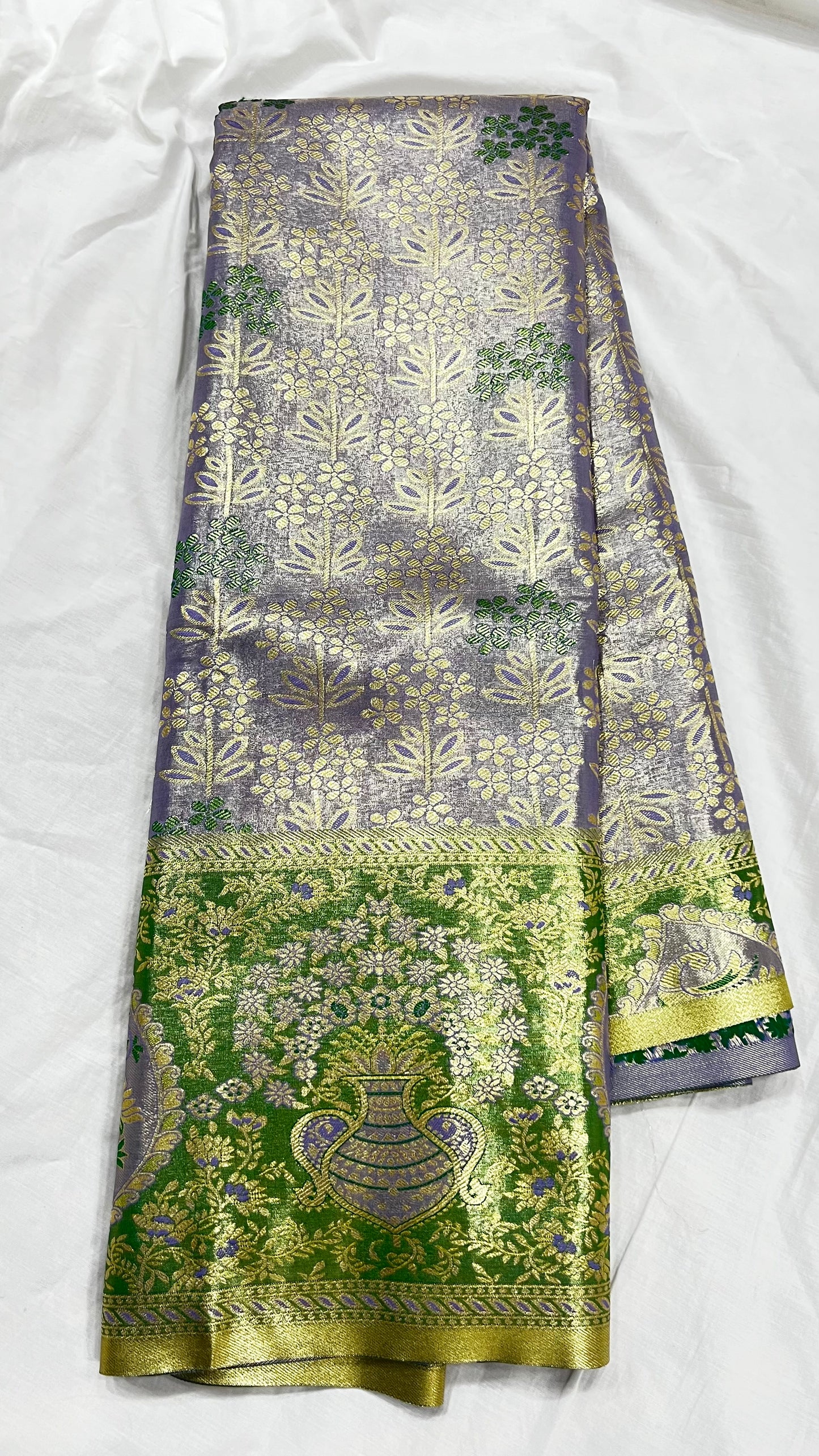 Grey Semi Kanchipattu sarees with traditional Meenakari border