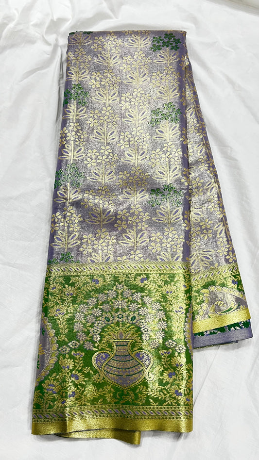 Grey Semi Kanchipattu sarees with traditional Meenakari border