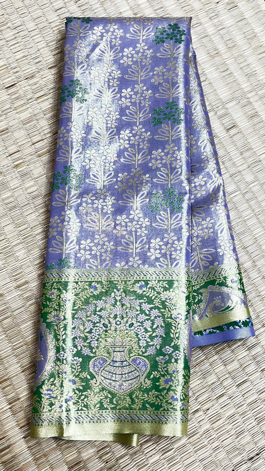 Blue flower Semi Kanchipattu sarees with traditional Meenakari border