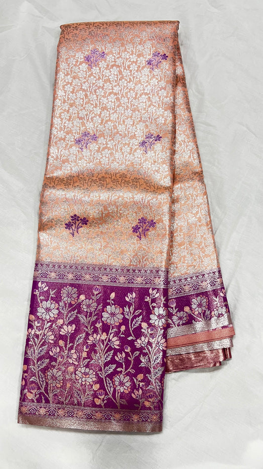 Orange Semi Kanchipattu sarees with traditional Meenakari border