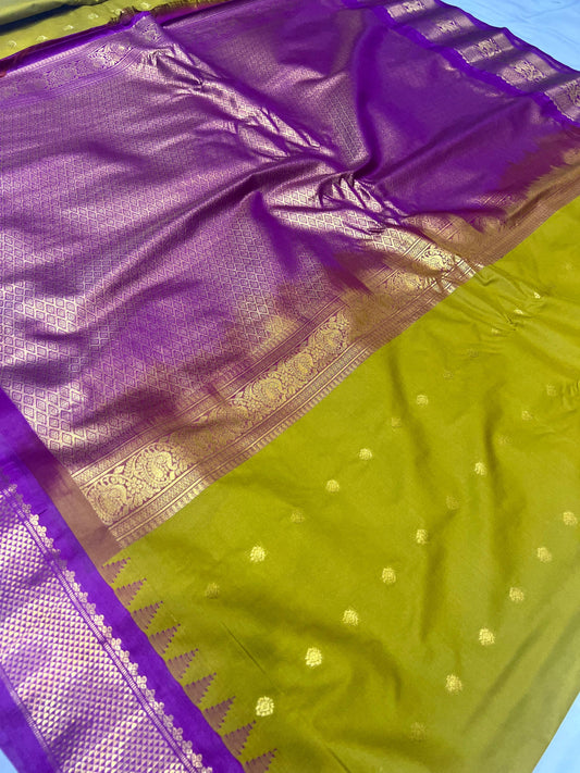 Mehendi Gadwal Semi-Pattu Saree with purple Kanchi Zari Border