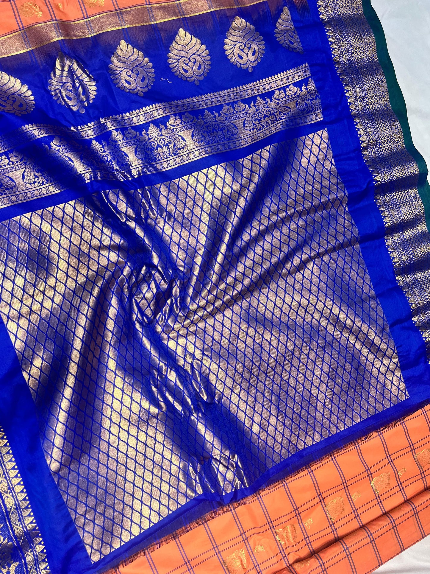 Orange Semi-Gadwal KanchiPattu Saree with Royal Blue Border