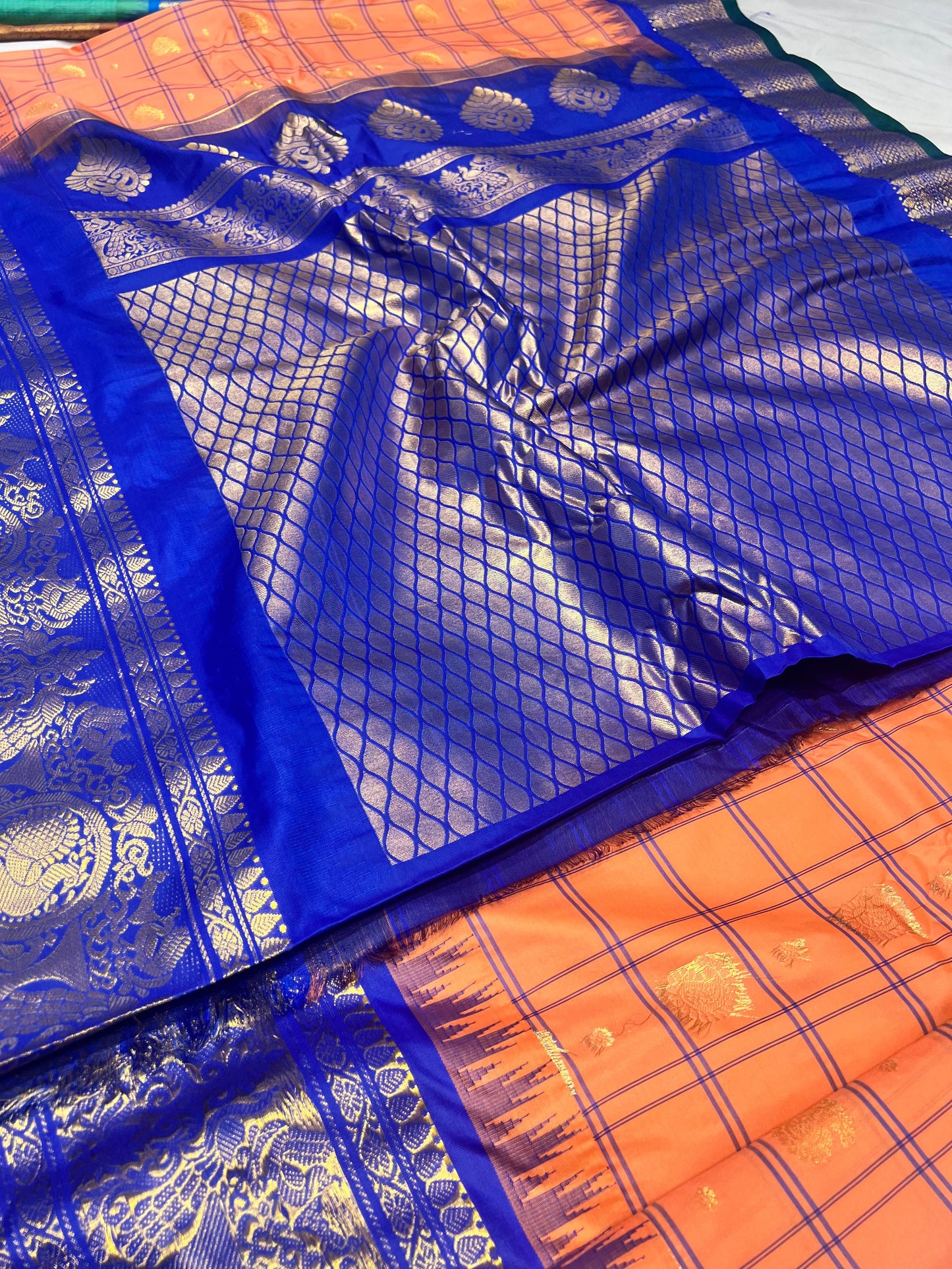 Orange Semi-Gadwal KanchiPattu Saree with Royal Blue Border