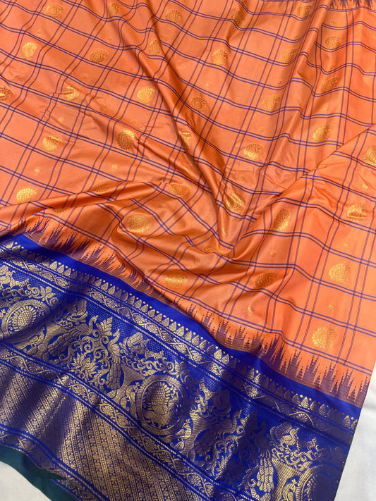 Orange Semi-Gadwal KanchiPattu Saree with Royal Blue Border