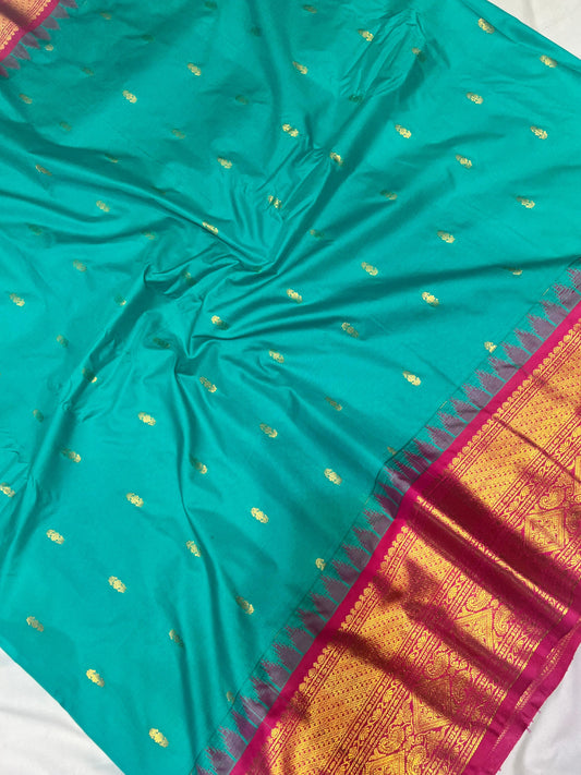 Sea Green Semi Gadwal Pattu Saree with Red Kanchi Border