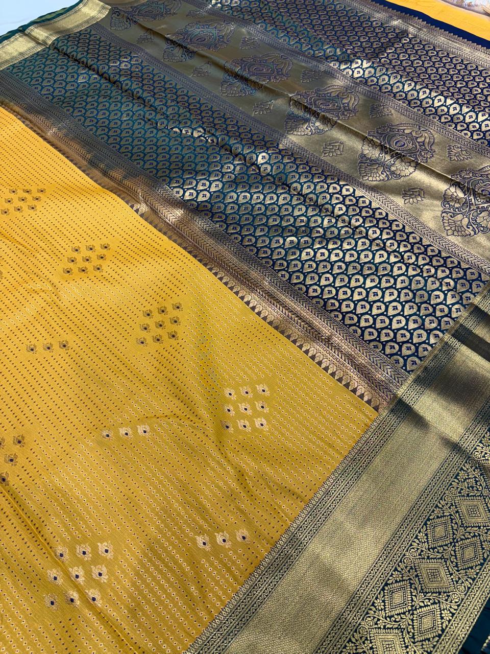 Royal Mustard Yellow & Bottle Blue Vintage Semi-Kanchi Pattu Silk Saree