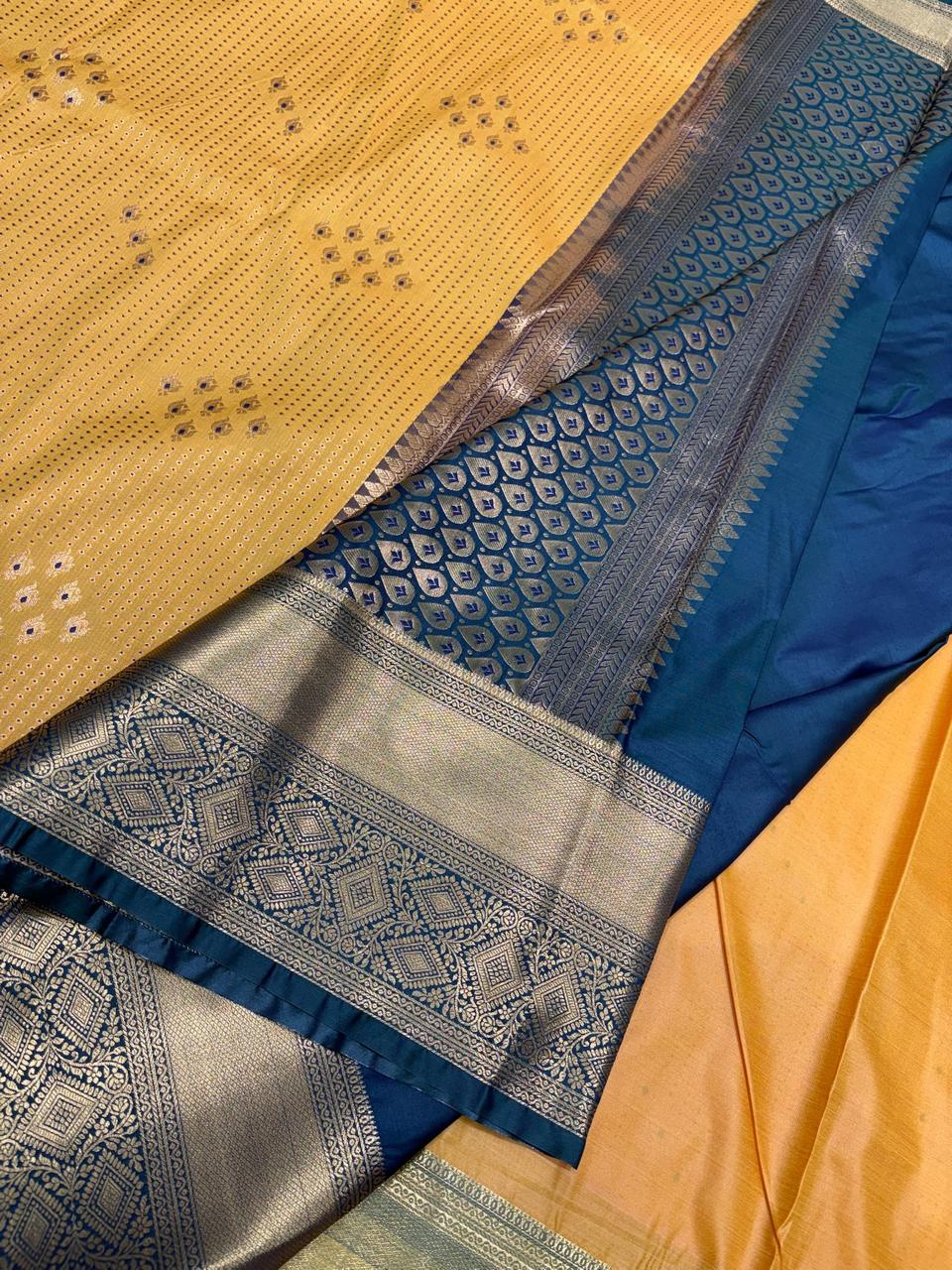 Royal Mustard Yellow & Bottle Blue Vintage Semi-Kanchi Pattu Silk Saree