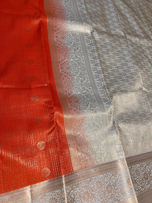 🧡 Orange Vintage Semi-Kanchipattu Saree with Off-White Border