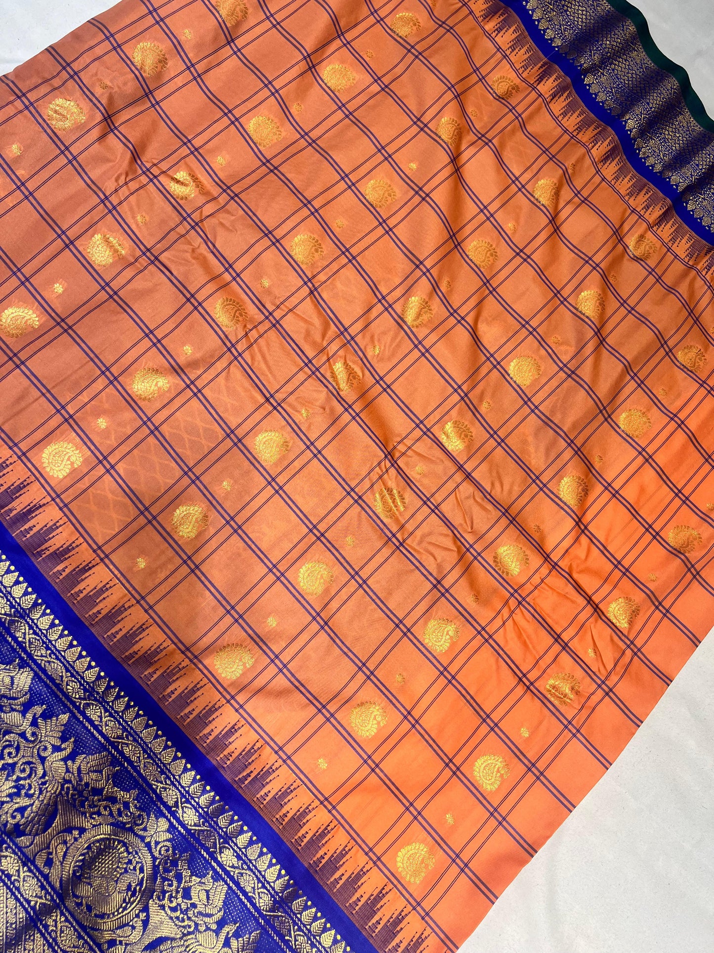 Orange Semi-Gadwal KanchiPattu Saree with Royal Blue Border