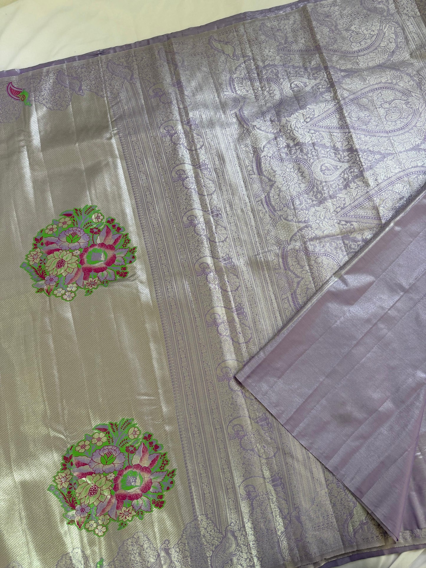 Meenakari Silk Saree with Peacock & Floral Motifs