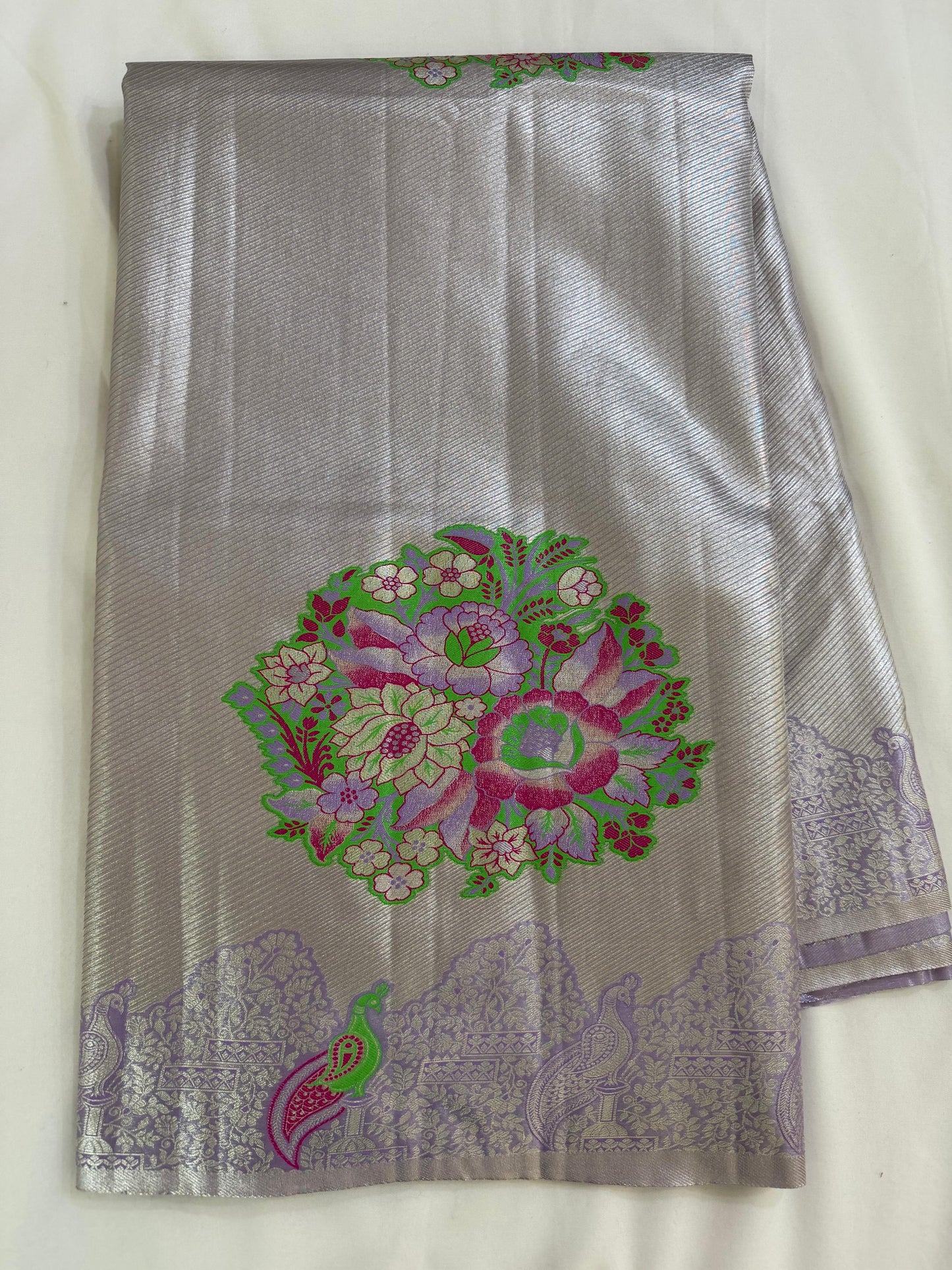 Meenakari Silk Saree with Peacock & Floral Motifs